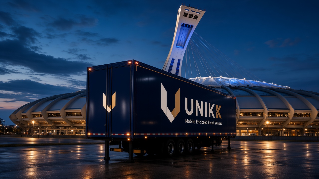 Closed UNIKK trailer at dusk with Stade Olympique in the background